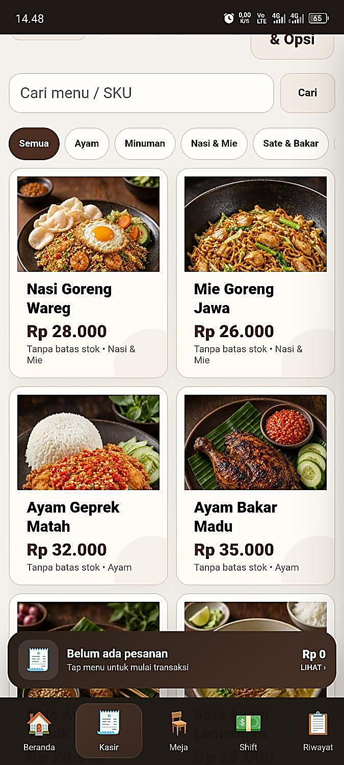 Layar kasir HarPOS: pilih menu