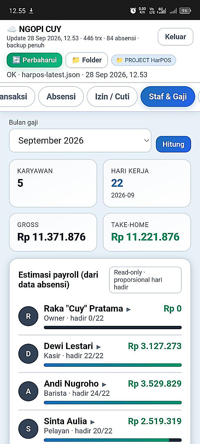 Aplikasi HarPOS Owner tab Staf & Gaji