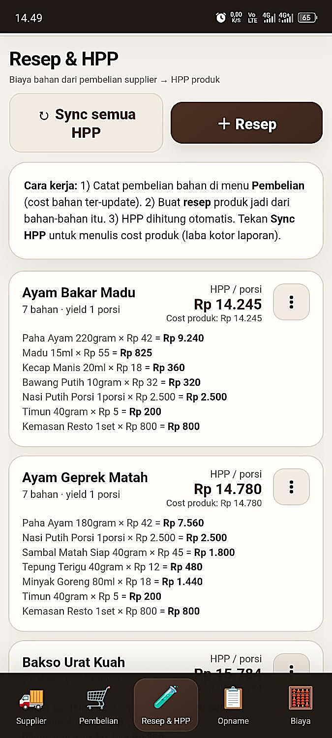 Resep → HPP: hitung HPP per porsi dari bahan baku